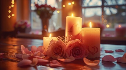 Poster - A warm and romantic Valentine's Day themed indoor scene, with warm yellow and pink as the main colors, and soft lighting creating a romantic atmosphere.