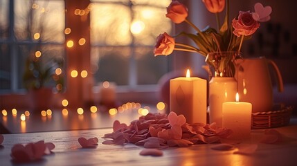 Poster - A warm and romantic Valentine's Day themed indoor scene, with warm yellow and pink as the main colors, and soft lighting creating a romantic atmosphere.