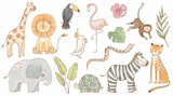 Beautiful stock illustrations set with cute lion zebra toucan elephant monkey flamingo. Safari animal clip art. Isolated naive style drawing. Childish hand drawn painting.