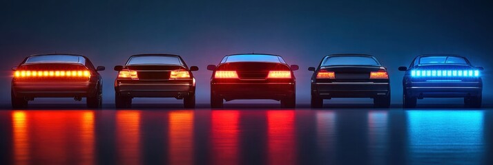 Aufkleber - Assorted LED car headlights and tail lights are arranged symmetrically, showcasing vibrant colors against a dark background with copy space available. Generative AI