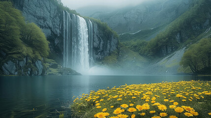 Poster - Serene fog through the mountain forest, tall waterfall into a lake, yellow flowers.