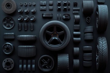 Fototapete - Multiple car tires and rims are arranged neatly alongside brake pads on a dark surface, providing ample space for additional text or information. Generative AI