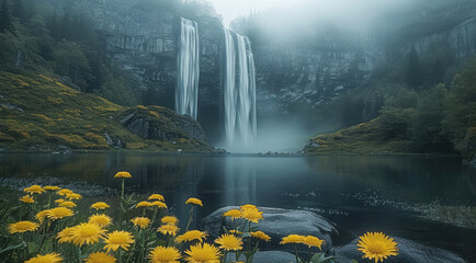 Poster - Serene fog through the mountain forest, tall waterfall into a lake, yellow flowers.