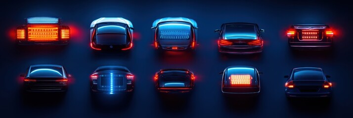 Aufkleber - Various LED automotive lights are artistically placed on a dark surface, showcasing vibrant colors and designs suitable for customization. Generative AI