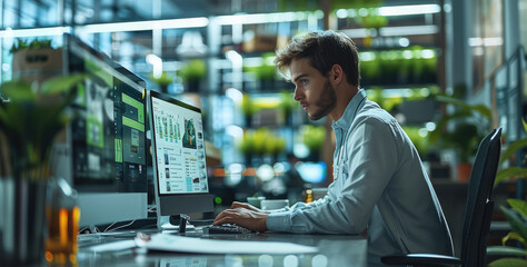 Poster - A shopkeeper working on a sleek computer with the system interface displayed on the screen. The environment is bright and professional.