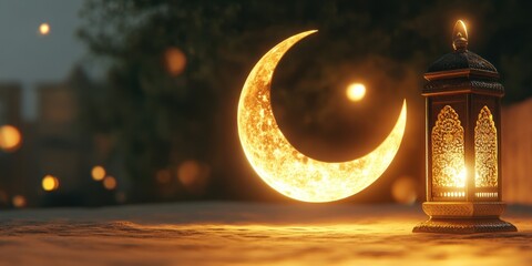 Wall Mural - Glowing Crescent Moon and Ornate Ramadan Lantern Night Scene