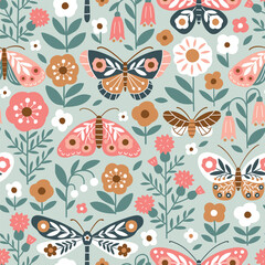 Wall Mural - Seamless vector pattern with hand drawn butterfly, dragonfly on floral background. Modern boho floral illustration. Perfect for textile, wallpaper or nursery print design. EPS10 vector file.