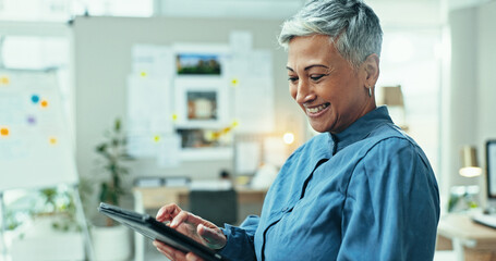 Poster - Mature woman, tablet and realtor in office for research online for real estate opportunity or listing services. Happy agent, smile and browsing housing website for apartment, ideas and property ads