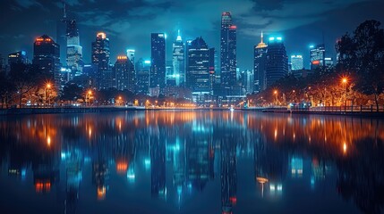 Aufkleber - Glowing city skyline reflecting perfectly on a dark, still river.
