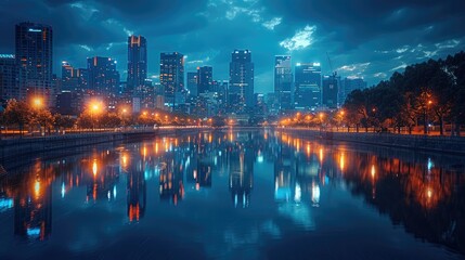 Aufkleber - Glowing city skyline reflecting perfectly on a dark, still river.
