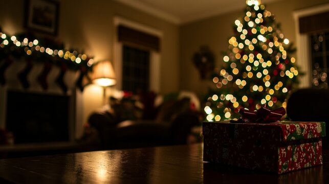 Christmas presents set on a plush white carpet in a warm room at night, next to a decorated tree.