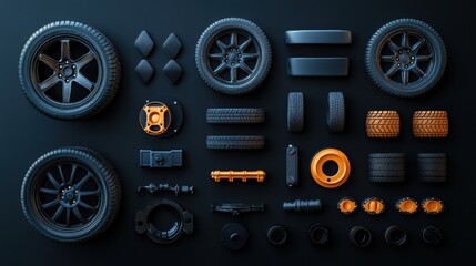 Fototapete - Different car tires, stylish rims, and brake pads are organized neatly against a dark background, providing ample space for additional text. Generative AI