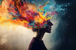 © TP71 - Explosion of ideas concept. Woman with colorful smoke emanating from her head. Imagination.