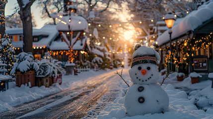Aufkleber - A whimsical snowman with button eyes and a carrot nose, standing on a snowy street filled with festive cheer.
