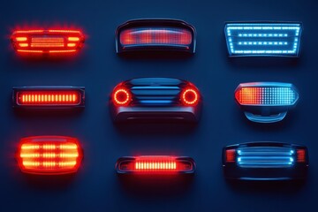 Leinwandbilder - Various LED car headlights and tail lights are arranged creatively on a dark background, providing room for additional text or branding. Generative AI
