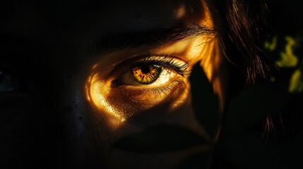 Poster - A single eye glows with warmth as light cuts through darkness, revealing intricate details. Surrounded by shadows, it evokes a deep sense of mystery and introspection