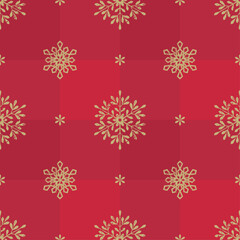 Wall Mural - elegant gold snowflakes on red checked plaid seamless pattern, christmas background.