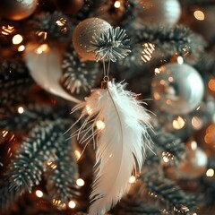 Poster - Christmas tree decorations and flying feathers around.