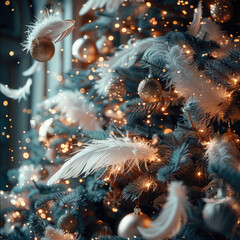 Poster - Christmas tree decorations and flying feathers around.