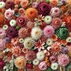 Flowers wall background with amazing red,orange,pink,purple,green and white chrysanthemum flowers ,Wedding decoration, hand made Beautiful flower wall background
