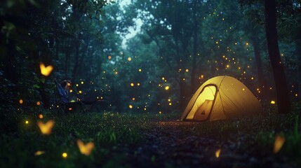 illuminated tent in magical forest at night. (2)