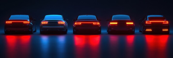 Aufkleber - A row of vibrant LED car headlights and tail lights shines against a dark background, ideal for highlighting designs. Generative AI