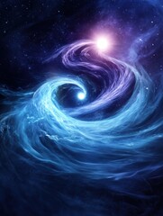 Wall Mural - a cosmic scene featuring swirling blue and purple waves with a bright star, evoking a sense of myste