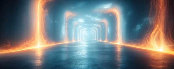 Poster - Futuristic Neon Light Tunnel Abstract Energy Corridor Sci Fi Background