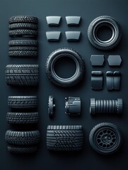 Fototapete - A collection of car tires, rims, and brake pads is organized neatly on a dark surface, offering ample space for text or branding. Generative AI