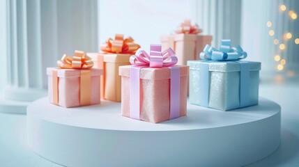 Poster - Multiple colorful gift boxes arranged neatly on a white podium, each wrapped in vibrant glossy paper with intricate ribbons, surrounded by a soft light on a clean background.