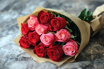 bouquet of red and pink roses wrapped in kraft paper lies on rustic table softly lit and surrounded 