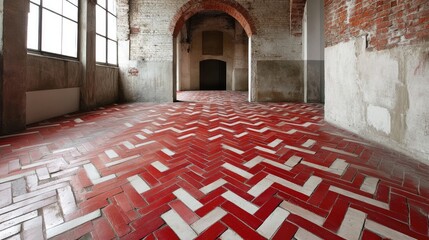 Poster - Zigzag Pattern Red Brick Flooring in an Industrial Space with Natural Light