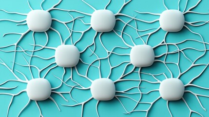 Fototapete - Abstract Neural Network White Nodes Connections on Teal Background