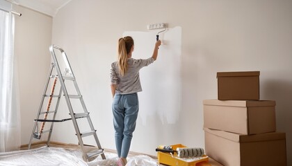 Wall Mural - Young woman painting interior wall with paint roller in house, Home decoration concept