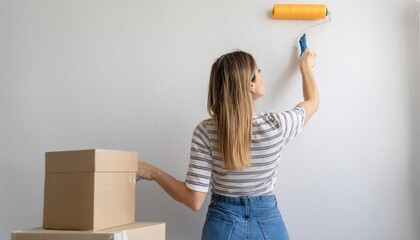 Wall Mural - Young woman painting interior wall with paint roller in house, Home decoration concept