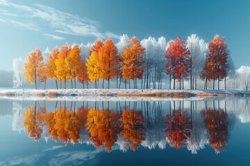 Poster - A row of colorful trees on the lake, with a blue sky and white snow background, reflecting in the water.