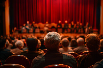 Poster - Performer standing in front of a crowded audience in a theater generative ai picture