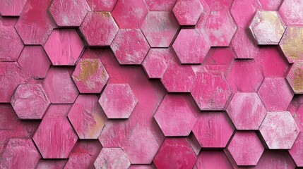Poster - Textured pink wooden hexagons arranged in a pattern, featuring varying shades and finishes for a modern aesthetic, design, decoration, background, abstract.