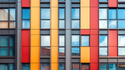 Poster - Modern industrial building exterior with vibrant colored panels and large windows showcasing contemporary architecture design.