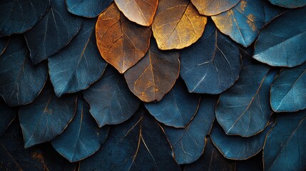 Poster - textured leaf background with blue and golden hues featuring detailed macro close-up of nature's patterns and organic shapes