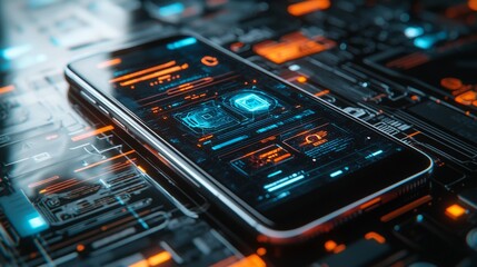 Poster - A sleek smartphone rests on a complex digital interface, showcasing a vibrant and futuristic display. Illuminated icons and patterns pulse with life, hinting at advanced technology