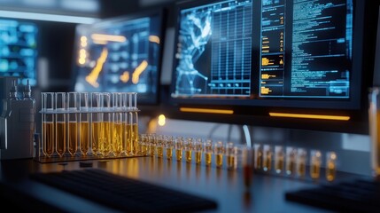 A laboratory scene featuring test tubes, monitors displaying data, and scientific equipment.