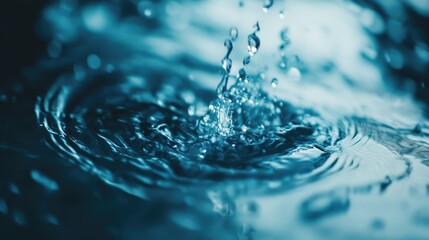 Poster - Liquid abstraction of rippling water surface with dynamic splashes and reflections in serene blue tones.