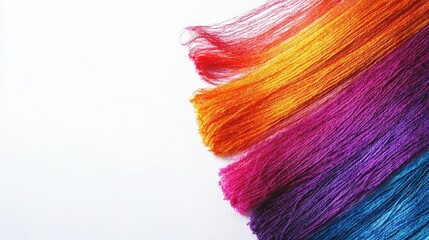 Poster - Vibrant strands of colorful thread in various hues arranged artistically on a white background showcasing creativity and textile design.