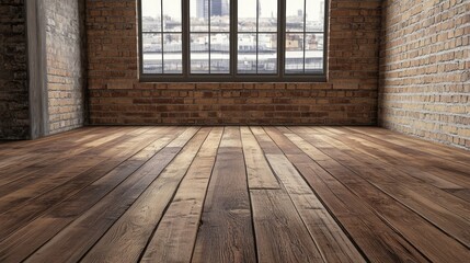 Poster - Loft style interior with wooden floor and brick walls showcasing a warm, rustic atmosphere perfect for artistic or commercial photography.