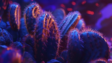 Poster - vibrant macro closeup of glowing cactus with intricate spines against a dark background illuminated by soft purple and blue lighting