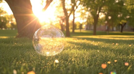 Poster - Sunlit macro soap bubble resting on grass with trees in the background during a golden hour outdoor scene in nature.