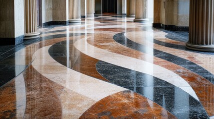 Poster - Elegant abstract patterns on a polished granite and marble floor creating a sophisticated architectural atmosphere in a grand interior space.