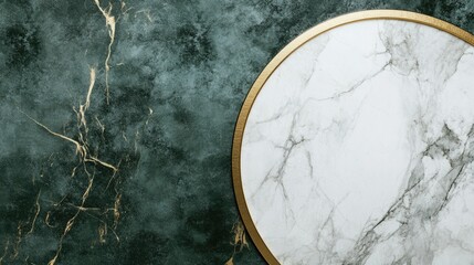 Poster - Elegant marble texture on a rich green background featuring a circular marble design with a gold accent for luxury and sophistication.