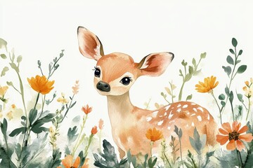 Wall Mural - Watercolor Illustration of Fawn in Wildflower Field. Cute Nursery Art. Watercolor Nursery Illustration.